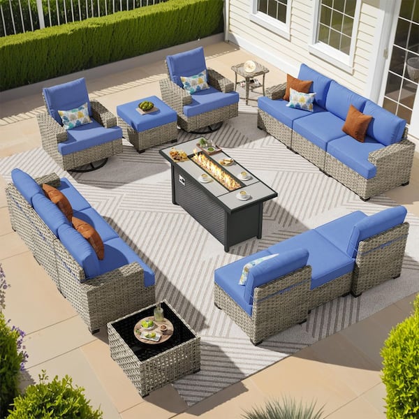 Eden Vine 15 Pieces Wicker Rectangular Fire Pit Sets and Swivel Rocking Chairs with Navy Blue Cushion