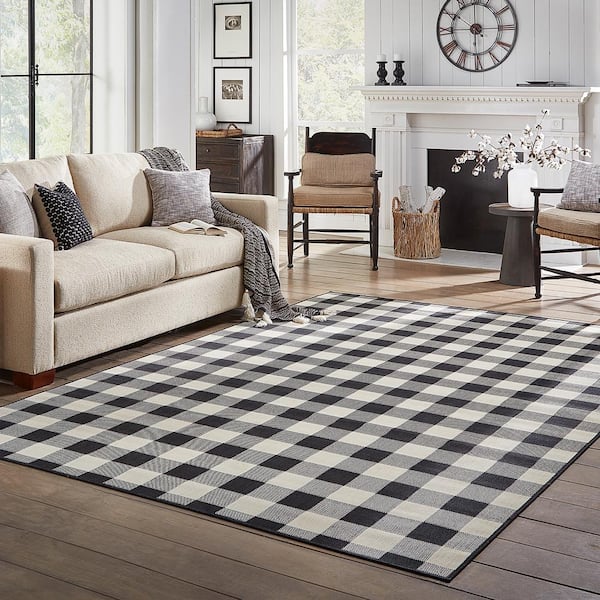 Clio Ivory/Black 5 ft. x 8 ft. Buffalo Check Indoor/Outdoor Patio Area Rug