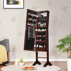 Brown Mirrored Standing Jewelry Armoire Cabinet with LED Lights