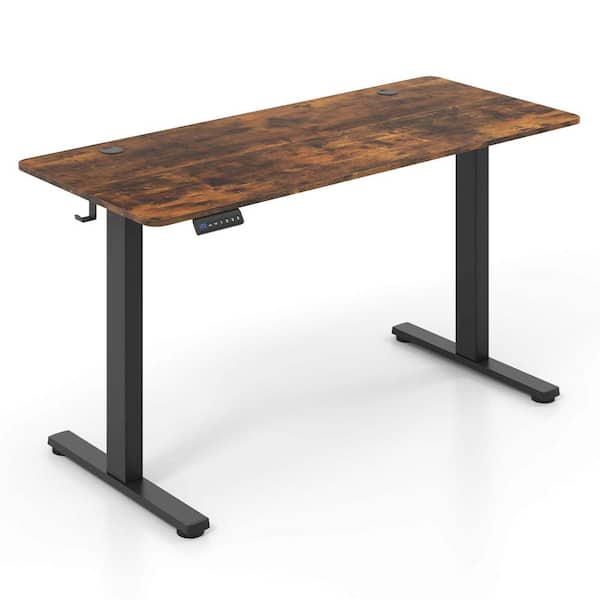 Costway 55 in. rectangular Brown Wood Electric Standing Desk with 3 Memory Height Settings 2 Hanging Hooks