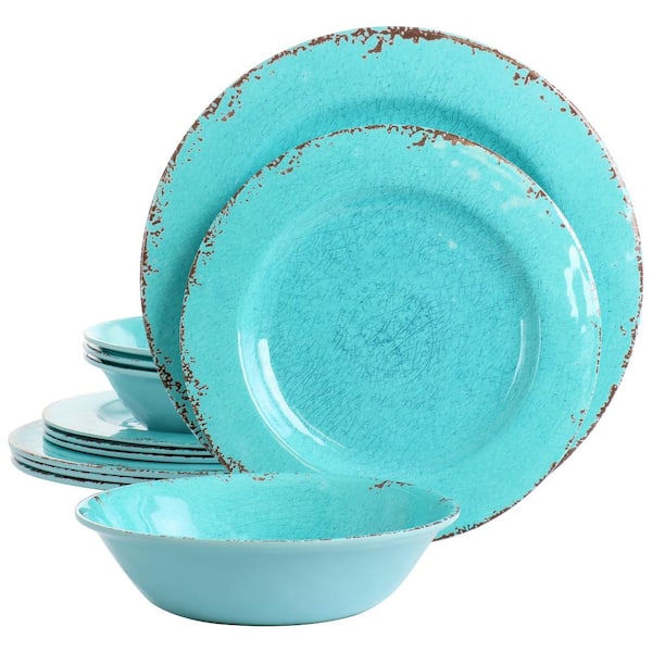 Laurie Gates Mauna 12-pieces Round Melamine Dinneware Set in Tiffany Blue