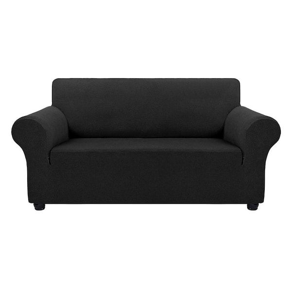 Medium Black Stretch Loveseat Cover Slipcover for 2-Cushion Couch, Furniture Cover Spandex Jacquard Fabric Small Checks