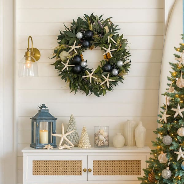 castellousa Green 20 in. Non-Artificial Real Dried Preserved Decorative Wheat Mixed Wreath w/ Ornaments