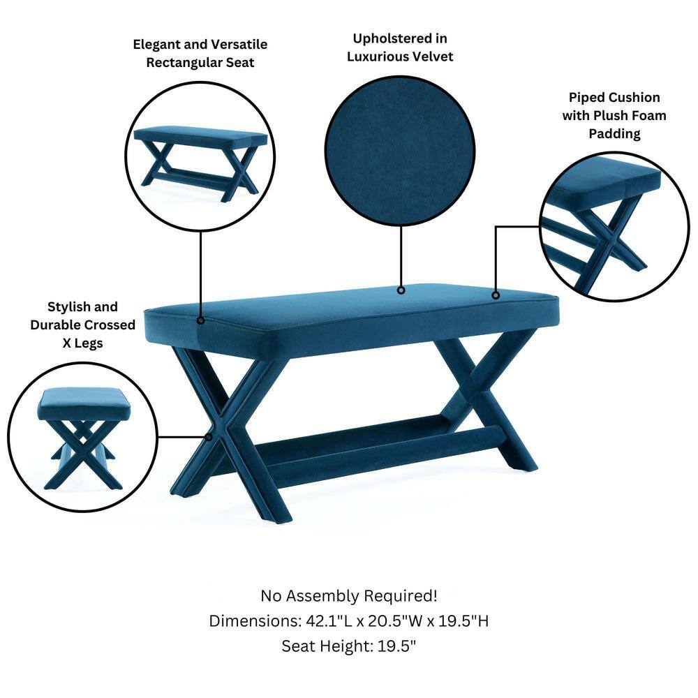 Abigail Blue Velvet Upholstered Double Ottoman with Solid Wood Frame