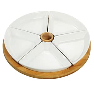 7-Piece White Appetizer Serving Set with Bamboo Tray