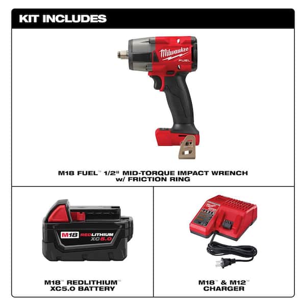 M18 FUEL GEN-2 18V Lithium-Ion Brushless Cordless Mid Torque 1/2 in. Impact Wrench F Ring w/5.0Ah Starter Kit