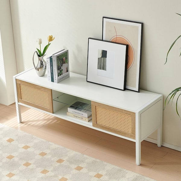 Zeus & Ruta 54.33 in. Rattan TV Cabinet in White with Variable Color Light Strip, Double Sliding Doors for Storage for Living Room