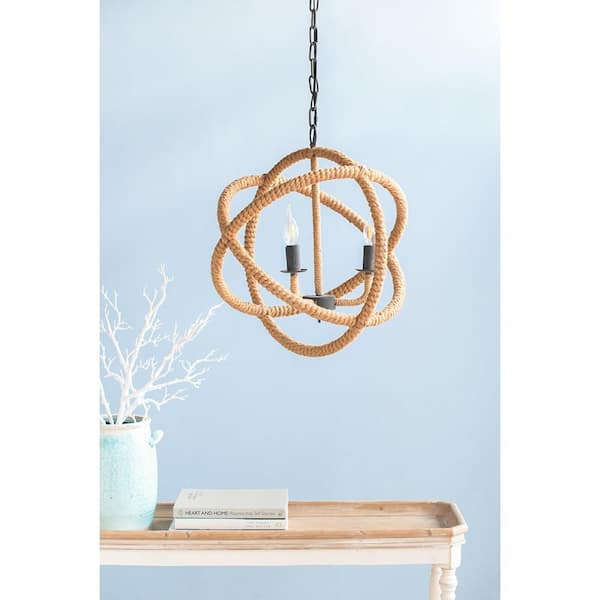 CottaIron 3-Light Rope Brown Globe Hanging Pendant with Adjustable Chain Chandelier for Hallway, with No Bulbs Included