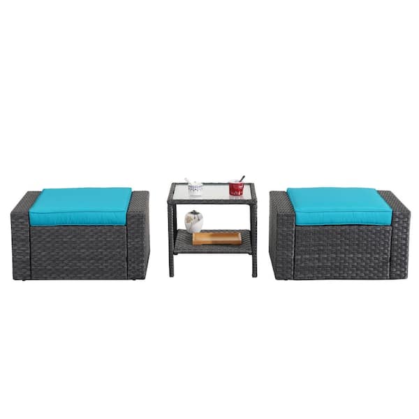 Unbranded 3-Pieces Wicker Patio Conversation Set, Footstools and Ottomans Small Furniture, With Coffee Table and Blue Cushions