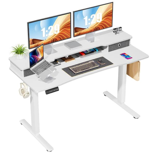 FIRNEWST 55 in. Rectangular White Electric Standing Computer Desk with Double Drawers Height Adjustable Sit or Stand Up