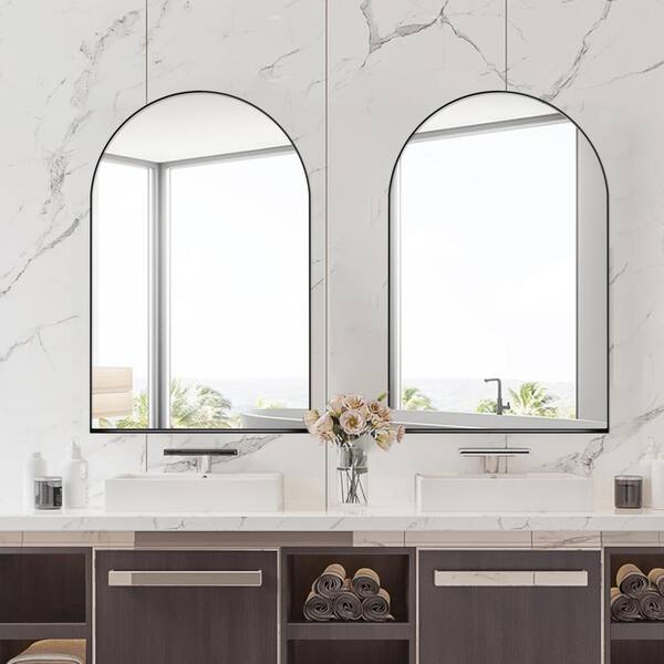 WELLFOR FS 24-in x 36-in Recessed Mount White Mirrored Arched Soft Close Medicine Cabinet