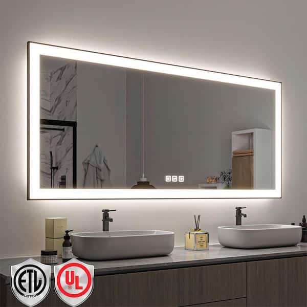 72 in. W x 32 in. H Rectangular Framed LED Anti-Fog Wall Mirror in Black with Backlit and Front Light