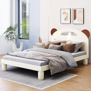 Cream White Wood Frame Twin Size Platform Bed with Bear-Shaped Headboard, Motion Activated LED Night Lights