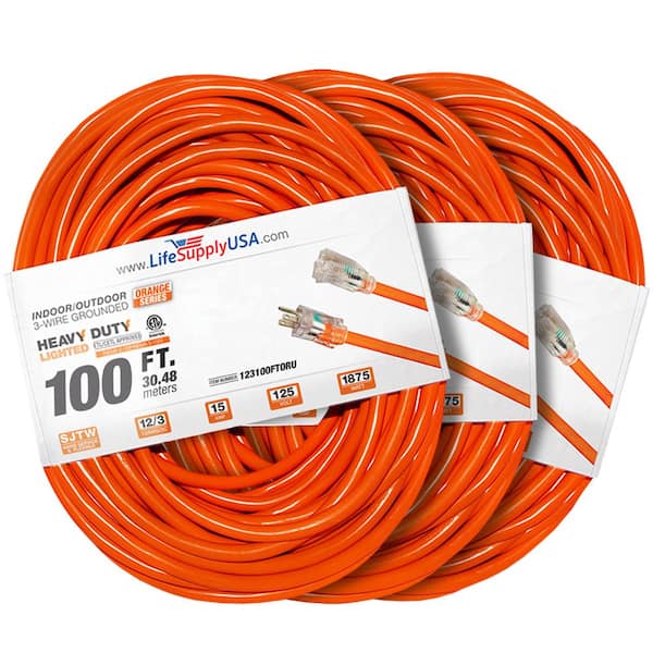 LifeSupplyUSA 100 ft. 12-Gauge/3 Conductors SJTW Indoor/Outdoor Extension Cord with Lighted End Orange (3-Pack)