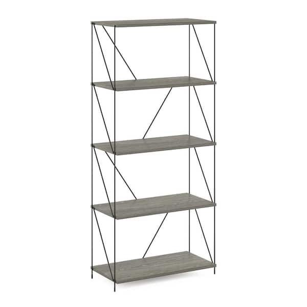 Furinno Besi 24.41 in. W Finn Oak 5-Tier Industrial Bookcase with Metal Frame