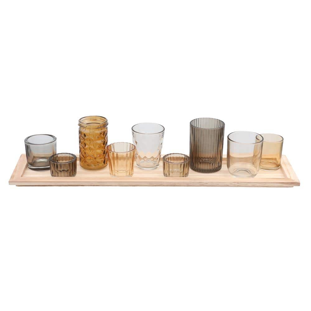 Brown Wood Tray with 9 Glass Votive Holders