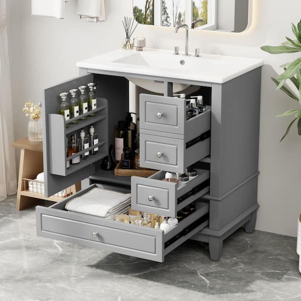 30 in. Single Sink Freestanding Gray Bath Vanity with White Ceramic Sink Top