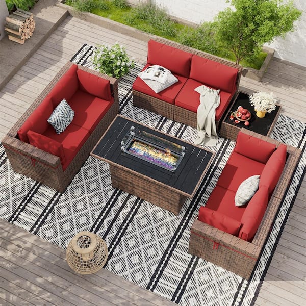 Poteban 8 Piece Brown Wicker Outdoor Sectional Set with Fire Pit Table, Coffee Tables and Cushions