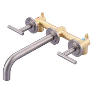 Wall Mount Double Handle Elegant Spout Bathroom Faucet in Solid Brass, Brushed Nickel