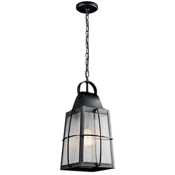 KICHLER Tolerand 1-Light Textured Black Outdoor Porch Hanging Pendant Light with Clear Seedy Glass Shade (1-Pack)