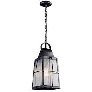 Tolerand 1-Light Textured Black Outdoor Porch Hanging Pendant Light with Clear Seedy Glass Shade (1-Pack)