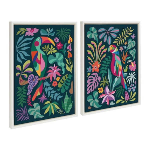 Kate and Laurel Sylvie Tropical Parrot and Tropical Toucan by Rachel Lee White Framed 2-Piece Art Set 18 in. x 24 in.