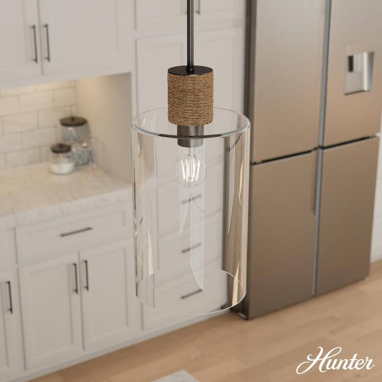 Vanning Natural Sisal Rope Clear Glass Medium Pendant Ceiling Light Noble Bronze - Hunter Fan: Bohemian Island Fixture, ETL Listed