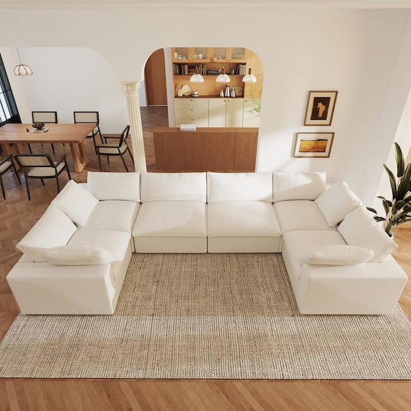 Magic Home 157 in. Square Arm 6-Piece Microfiber U-Shaped Sectional Sofa Cloud Couch in White with Storage Ottomans