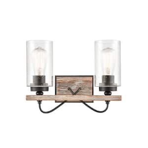 Paladin 14.13 in. 2-Light Matte Black Vanity Light with Seedy Glass Shade