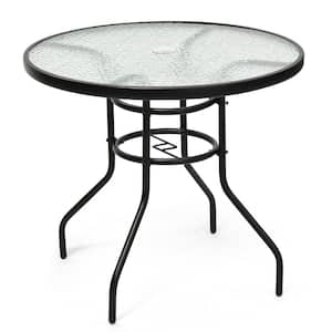 Black Round Metal Outdoor Bistro Dining Table With Umbrella Hole and Tempered Glass Top