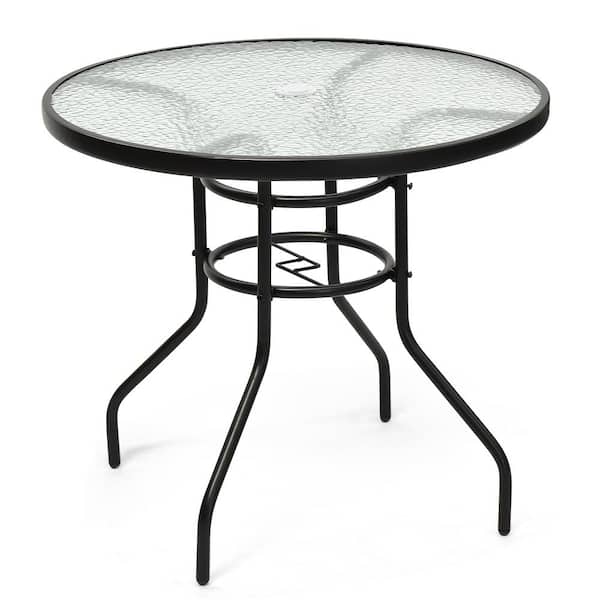 FORCLOVER Black Round Metal Outdoor Bistro Dining Table With Umbrella Hole and Tempered Glass Top