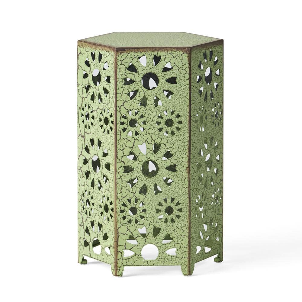 Outdoor Hexagon Side Table, Metal Frame, Sunburst Cut Out Design for Patio,