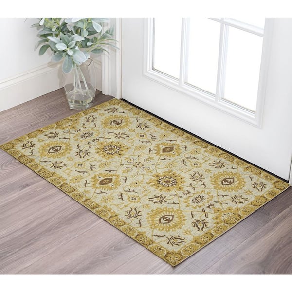 2 ft. x 3 ft. Gold Beige and Brown Wool Floral Medallion Hand Hooked Area Rug