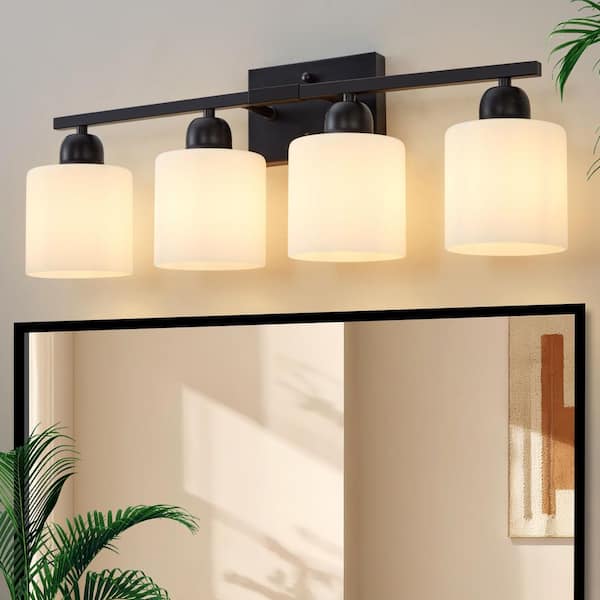 24 in. 4-Light Matte Black Modern Bathroom Vanity Light Fixture with Milky White Frosted Glass Shades