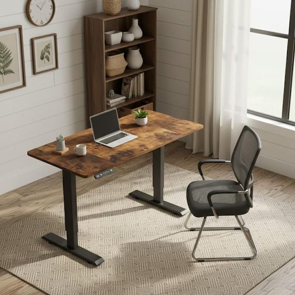 YDK 55 in. Chestnut Brown Rectangular Wood Adjustable Height Electric Standing Desk with Memory Controller and Charging