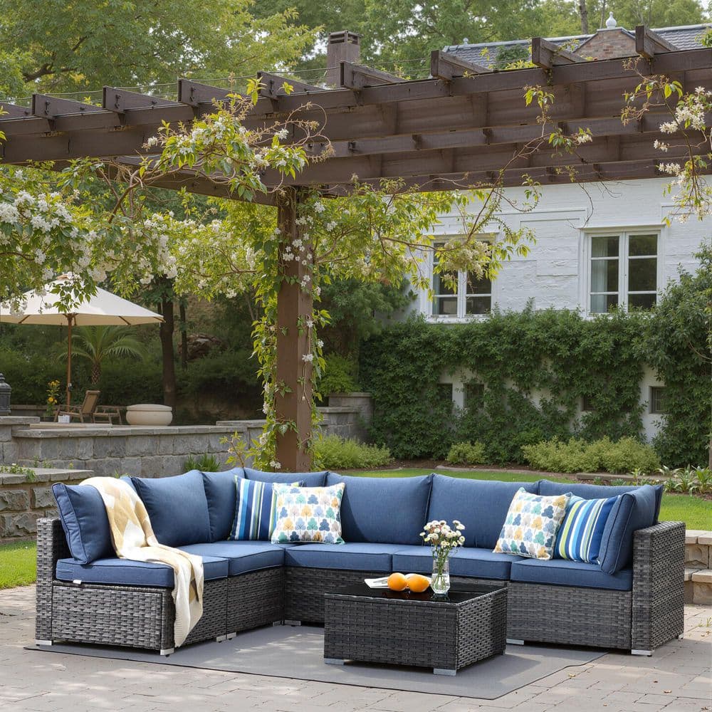 Hoppie Gray 7-Piece Wicker Outdoor Sectional Set with Denim Blue Cushions price history on PriceWatchPro