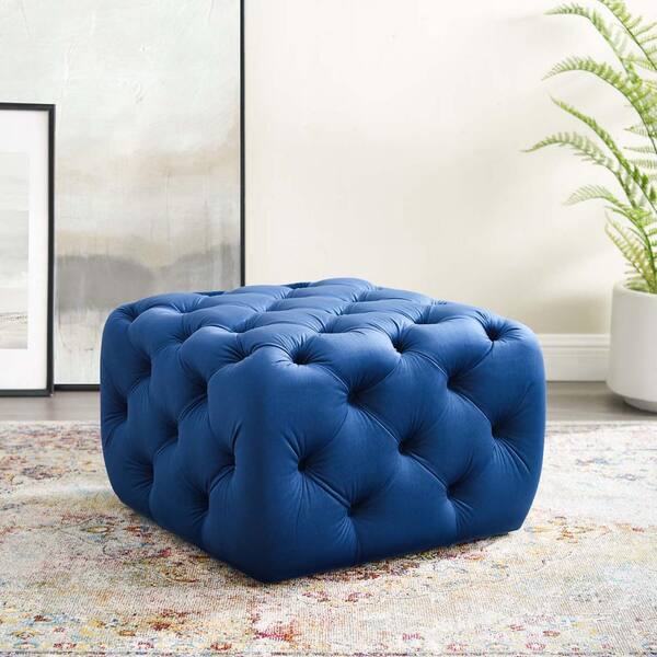 MODWAY Anthem Navy Tufted Button Square Performance Velvet Ottoman
