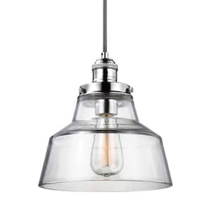 Baskin 10 in. W 1-Light Polished Nickel Pendant Contemporary Clear Glass Bell Shaped Pendant with Adjustable Gray Cord