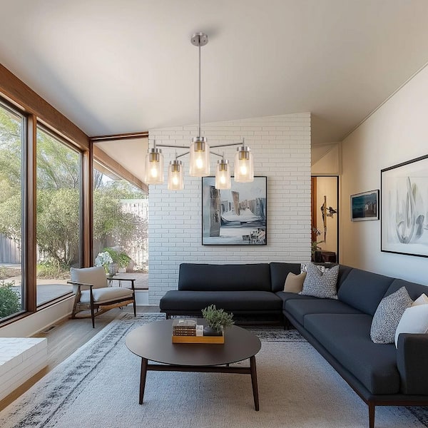 5-Light Pendant Light in Brushed Nickel with Clear Glass Shades, perfect for Kitchen or Bedroom