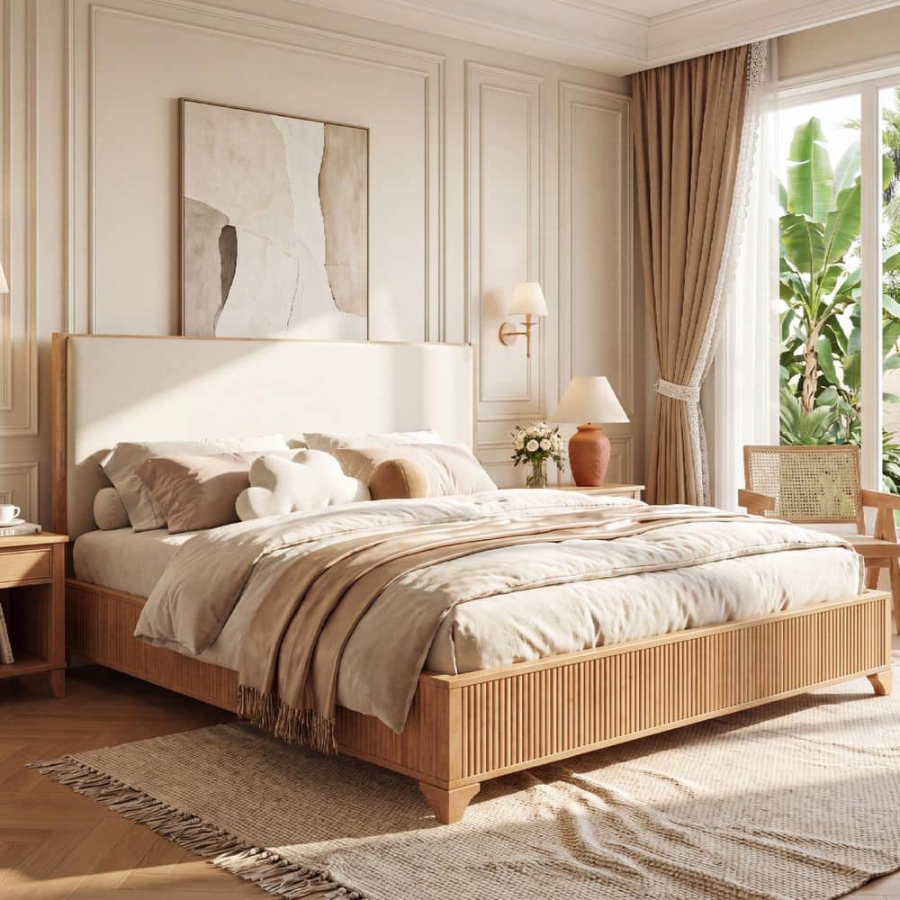 Natural (Brown) and White Wood Frame King Platform Bed with Upholstered Headboard and Fluted Wood Base price history on PriceWatchPro