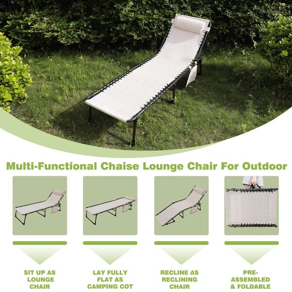 Outdoor Folding Chaise Lounge Chair Fully Flat for Beach with Pillow and Side Pocket, Beige