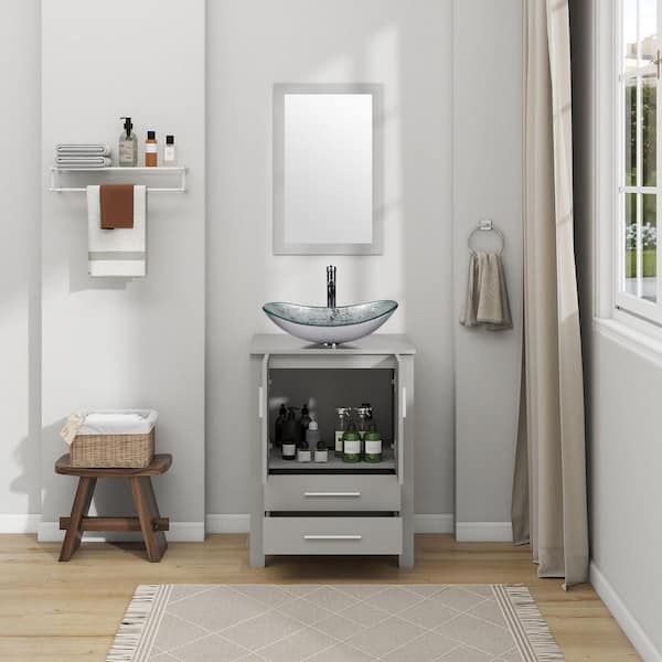 24 in. W x 20 in. D x 32 in. H Single Sink Gray Bath Vanity with Silver Solid Surface Top Sink and Mirror