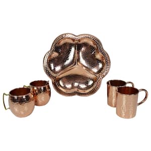 Handcrafted 5-Piece Party Set of 100% Copper, Mug Cups, Straws and 13 in. Round Serving Tray