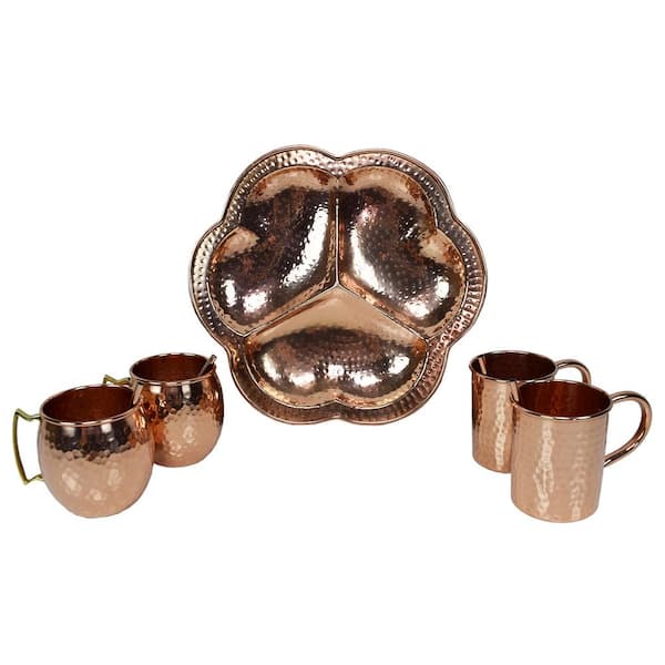 Oakland Living Handcrafted 5-Piece Party Set of 100% Copper, Mug Cups, Straws and 13 in. Round Serving Tray