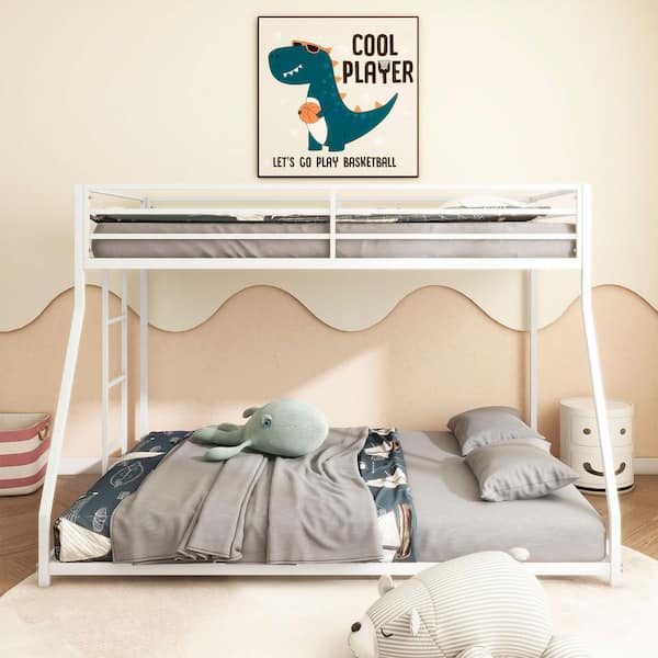 White Metal Twin Over Full Bunk Bed for Kids and Adult, Low Profile and Easy Climbing with Stable Ladder