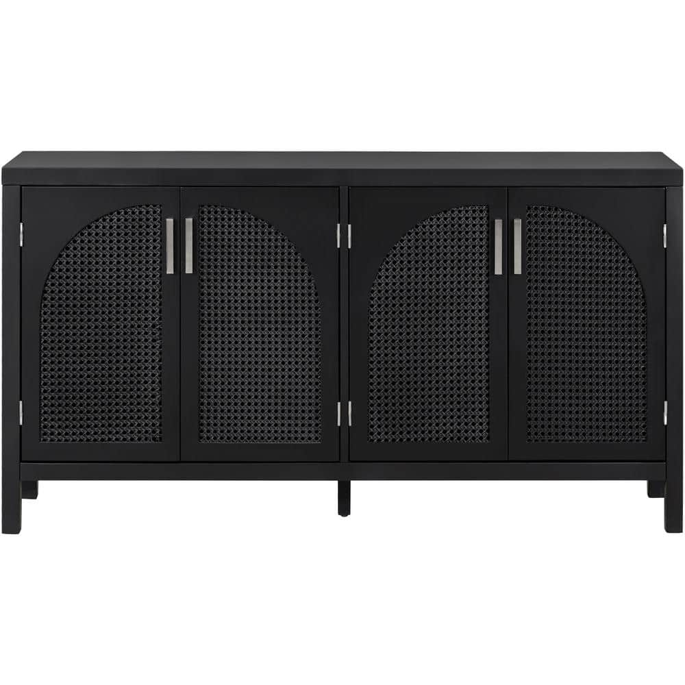 Black 4-Shelf Wood Pantry Organizer with Artificial Rattan Door and Metal H