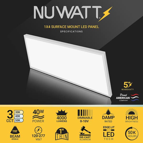 1 ft. x 4 ft. LED Thin Flush Surface Mount Panel W/Built in Internal Driver, 5 CCT 2700K to 5000K, Dimmable, (2-Pack)