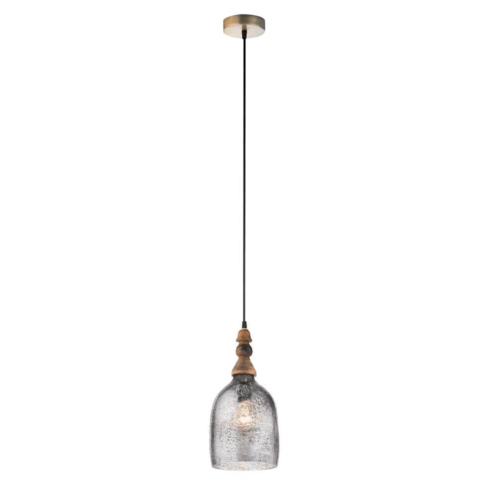 River of Goods Adahlia 7-in. 1-Light Pewter-Painted Bell-Shaped Mango Wood Shaded Pendant Light with Silver Glass Shade