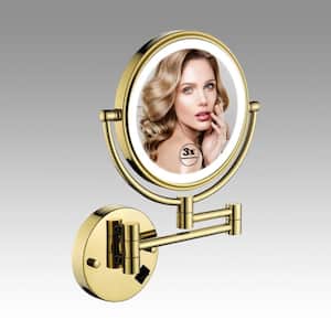 13.5 in. x 8 in. Double-SidedMagnifying Retractable Mirror Wall-Mount LED Makeup Bathroom Makeup Mirror in Gold