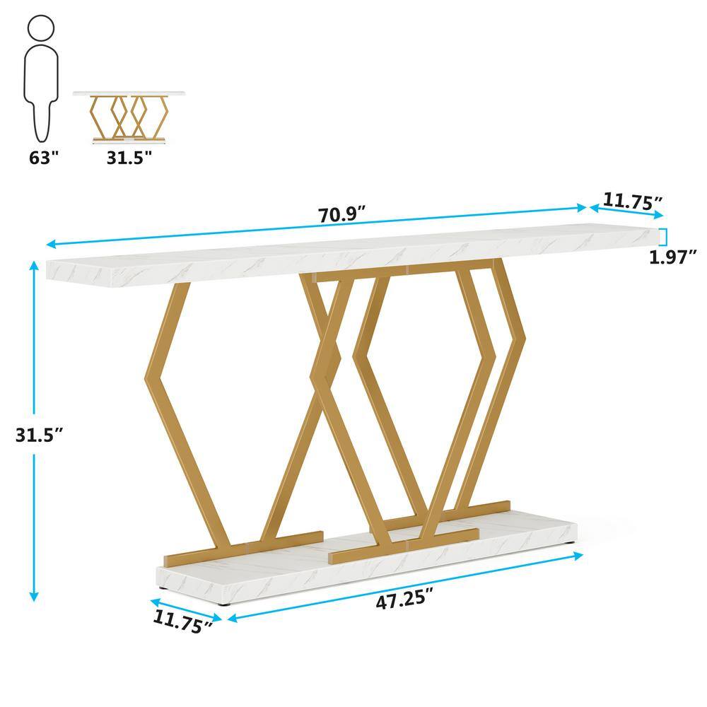 White Faux Marble and Gold Metal Console Table with Storage
